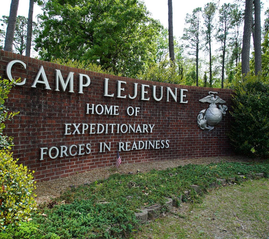 The main gate to the Camp Lejeune Marine Base outside Jacksonville, N.C.