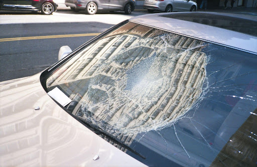Close-up of a damaged windshield